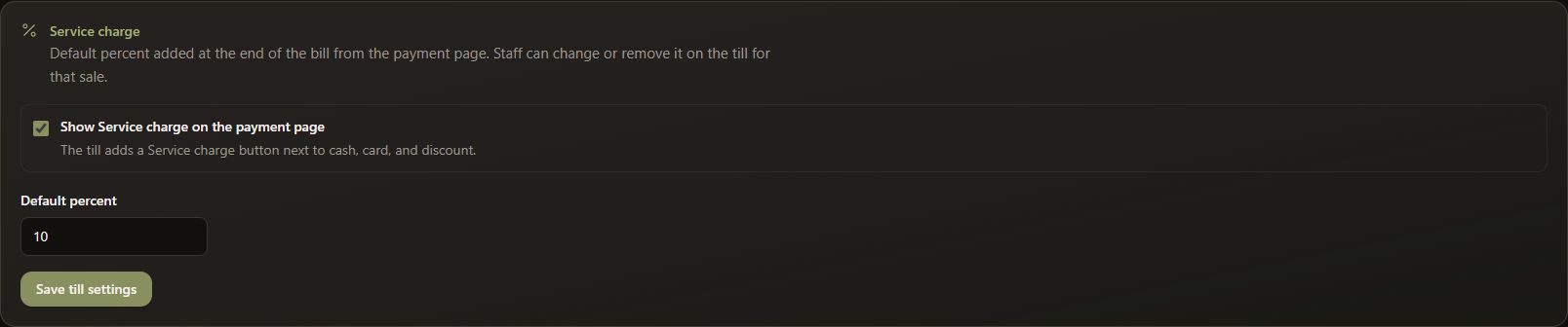 Complete dark-mode service-charge panel showing payment-page visibility and the recorded default percent