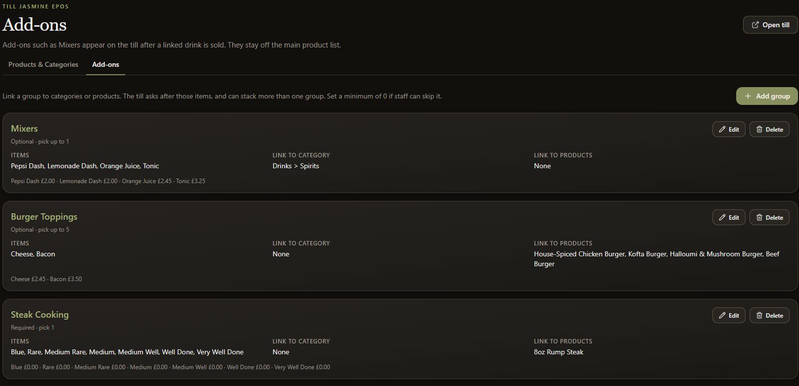 Complete dark-mode add-on group list showing optional mixer and topping choices and required steak-cooking choices