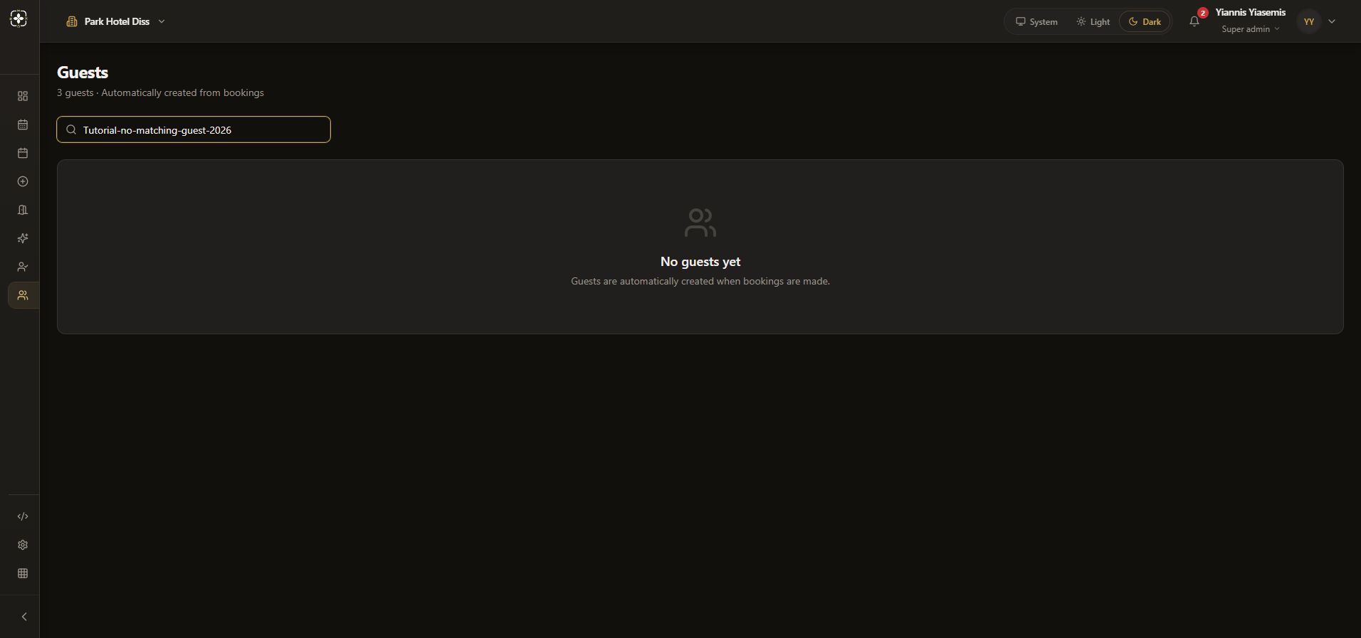 Dark-mode Spa Guests page filtered by a unique tutorial query, showing three total guests but no matching records or private contacts.