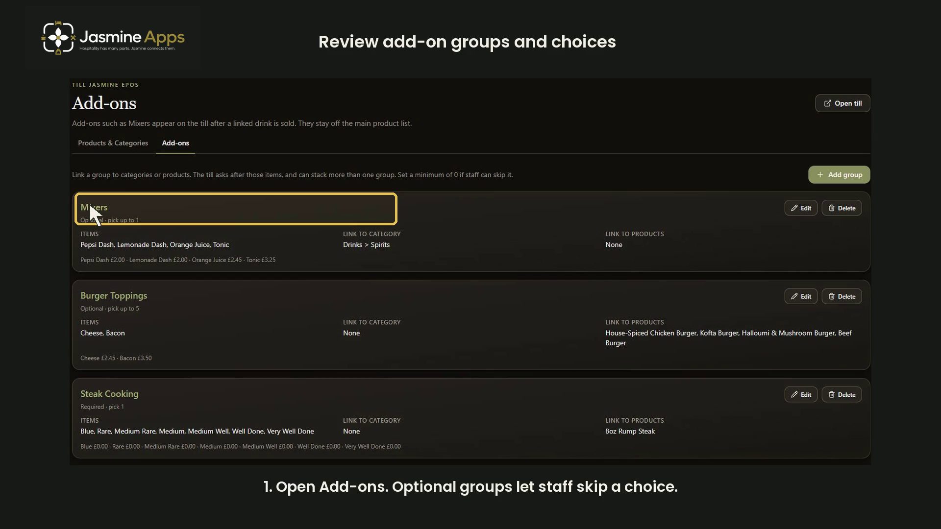 Till Jasmine: review add-on groups and choices
