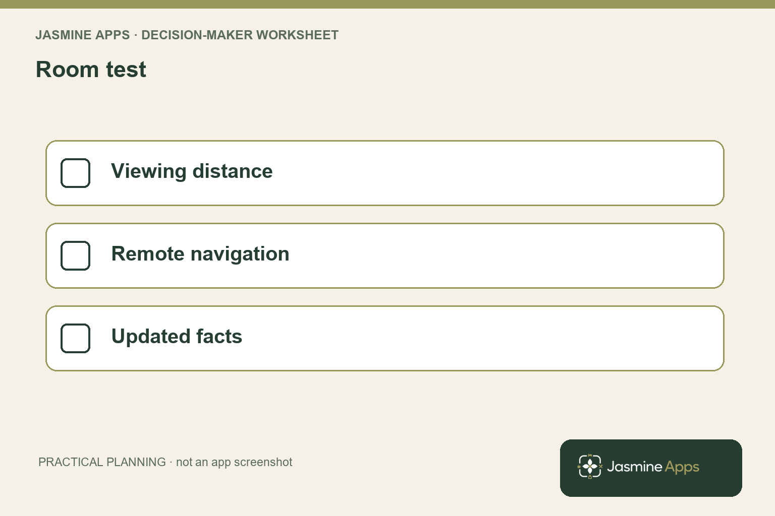 Room test: Viewing distance; Remote navigation; Updated facts. A practical planning illustration.