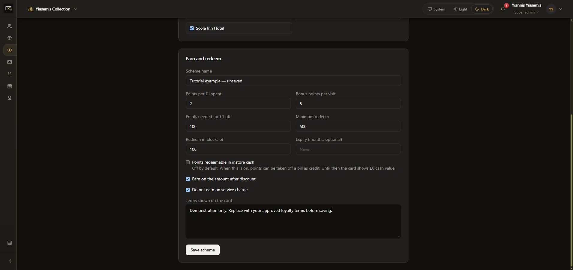 Unsaved loyalty scheme example with earning rates, redemption settings, expiry, checkboxes and card terms.