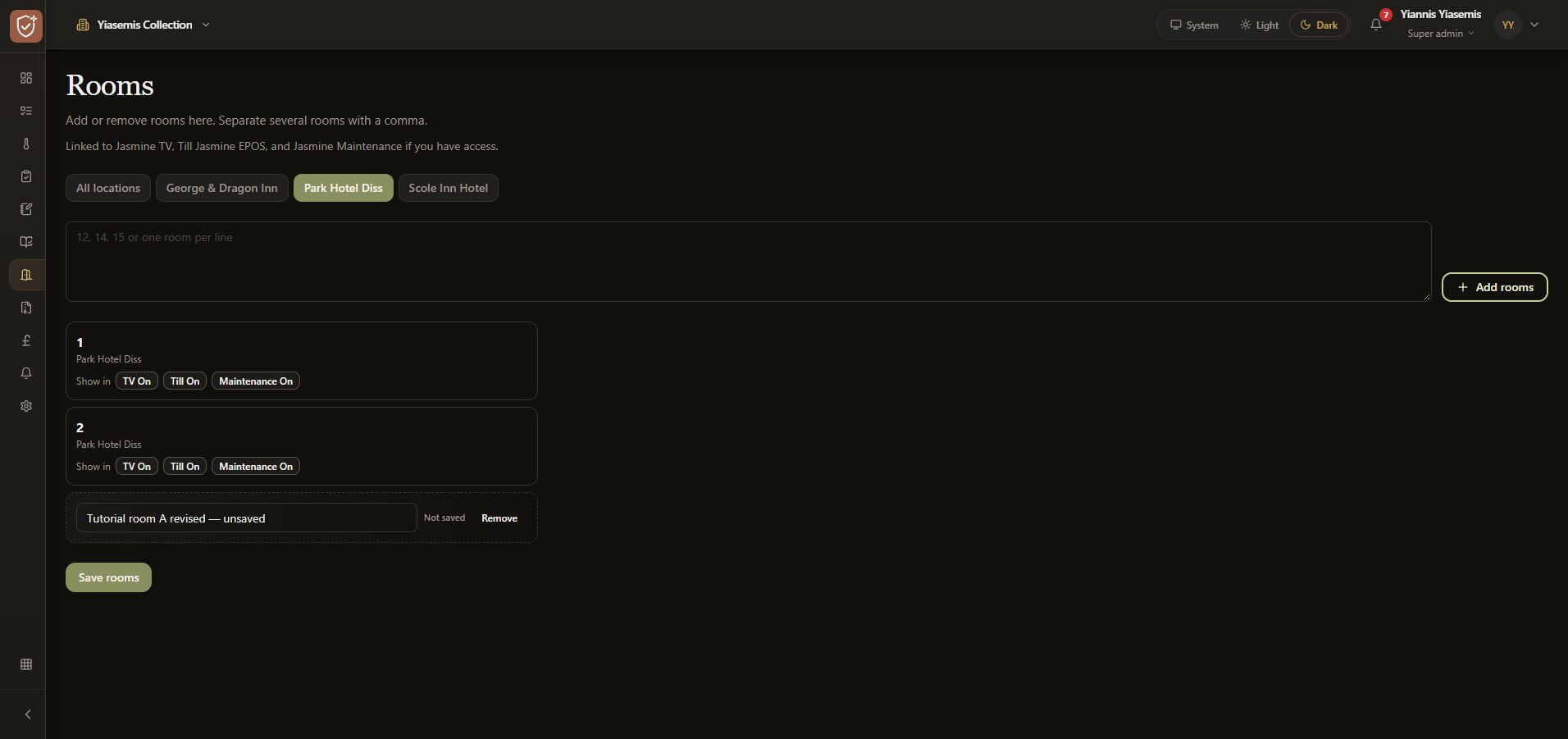 Room list review with existing Show in indicators, one unsaved tutorial row and Save rooms.