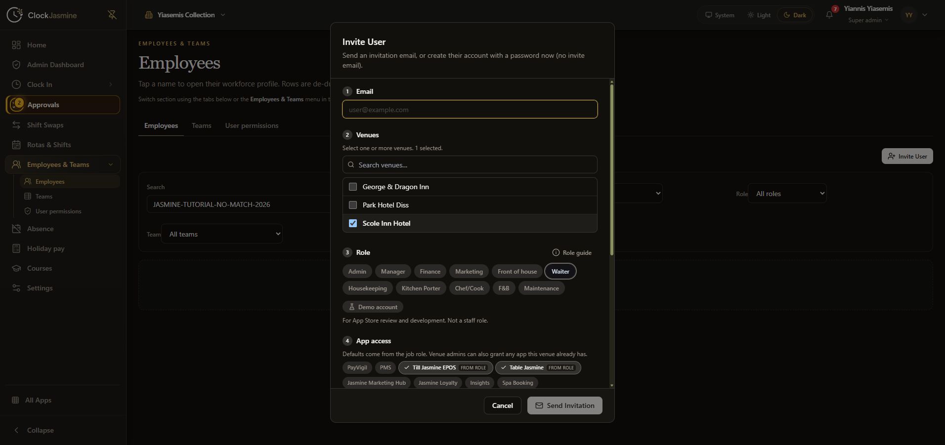 Complete upper invitation form showing the blank email, venue choices, role buttons and beginning of app access