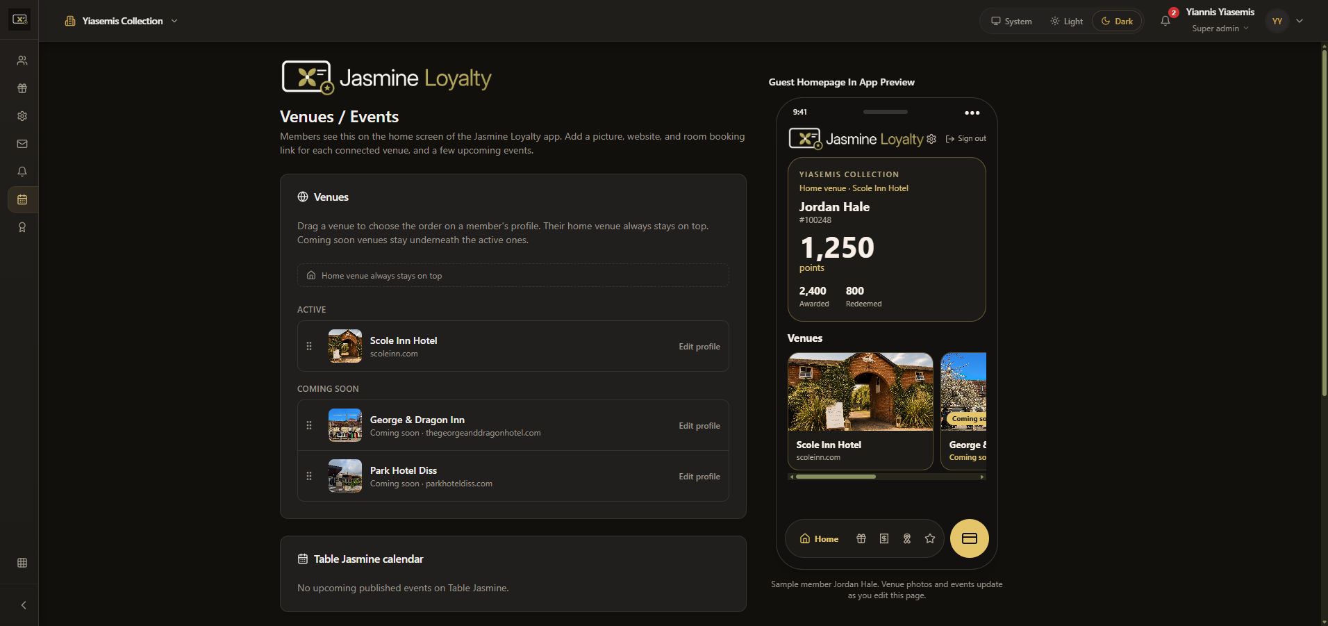 Dark-mode Venues / Events page with connected venues and the explicitly labelled sample-member homepage preview.