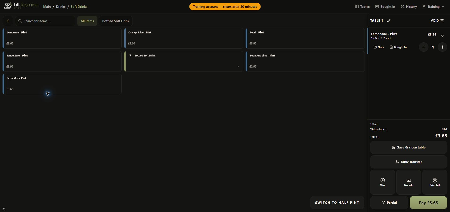 Complete dark-mode Table 1 training order with one Lemonade and Save and close table visible