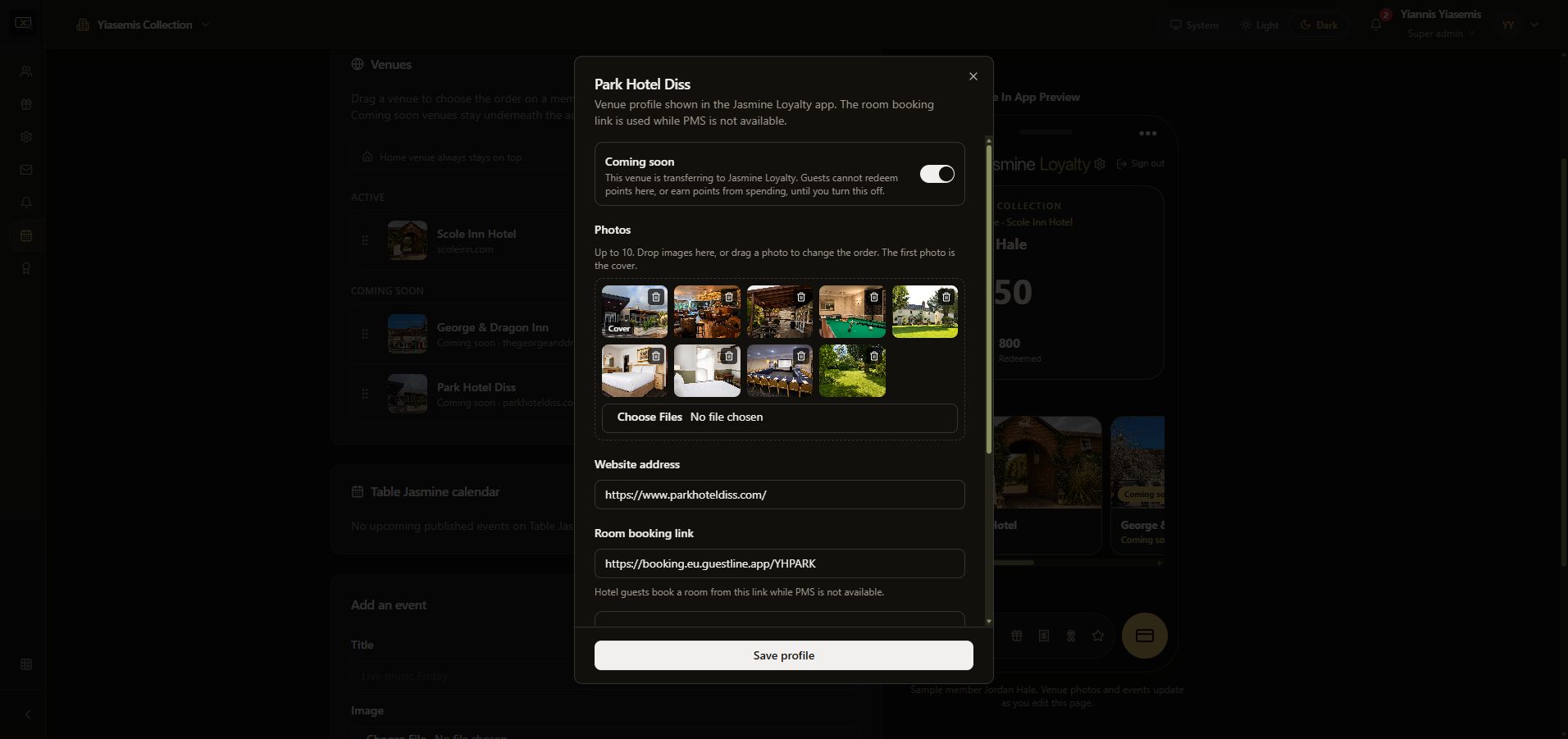 Unchanged Park Hotel Diss profile showing Coming soon, hotel photos, website and room booking link.