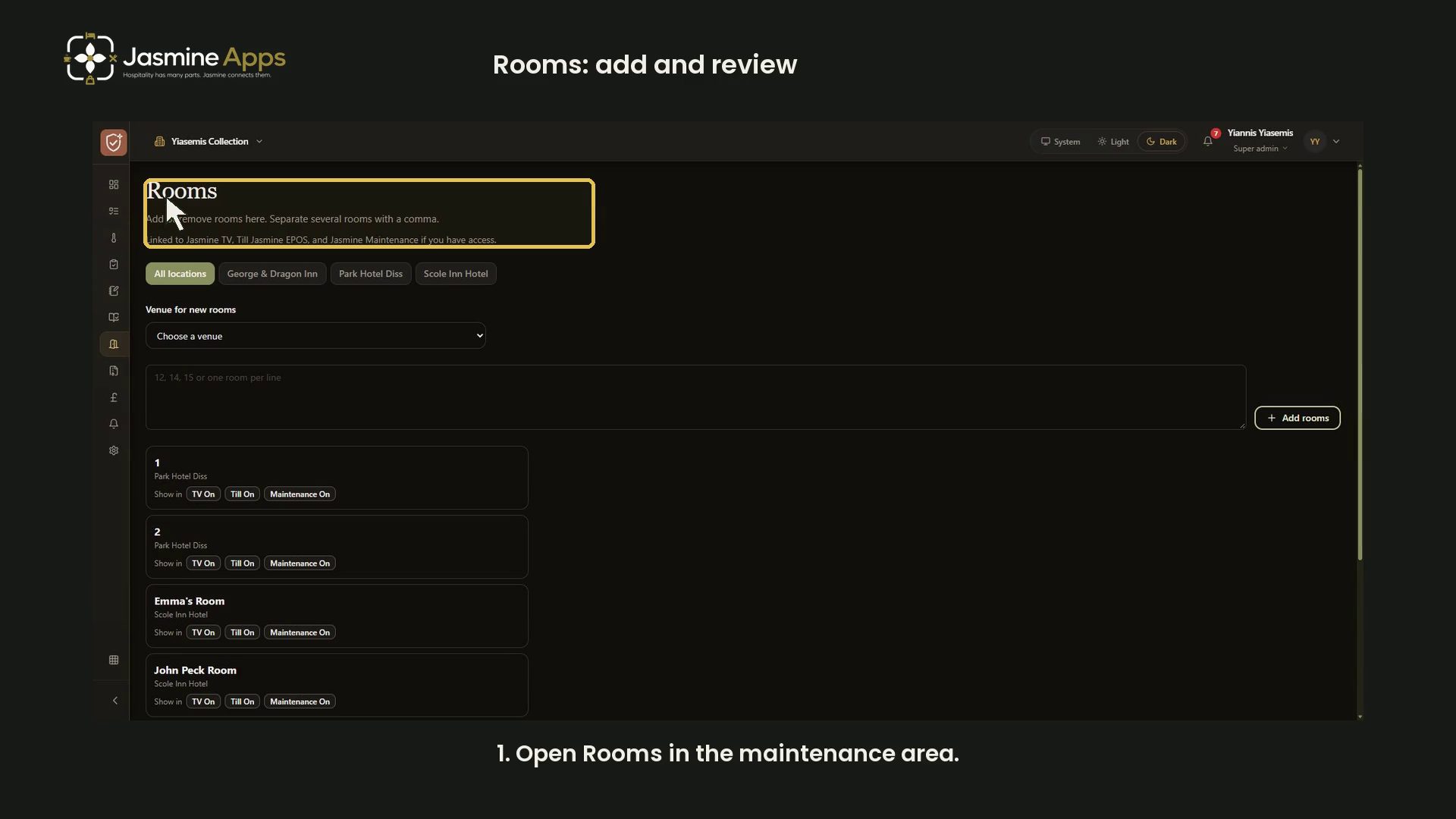 Jasmine Maintenance rooms: add names and review before saving