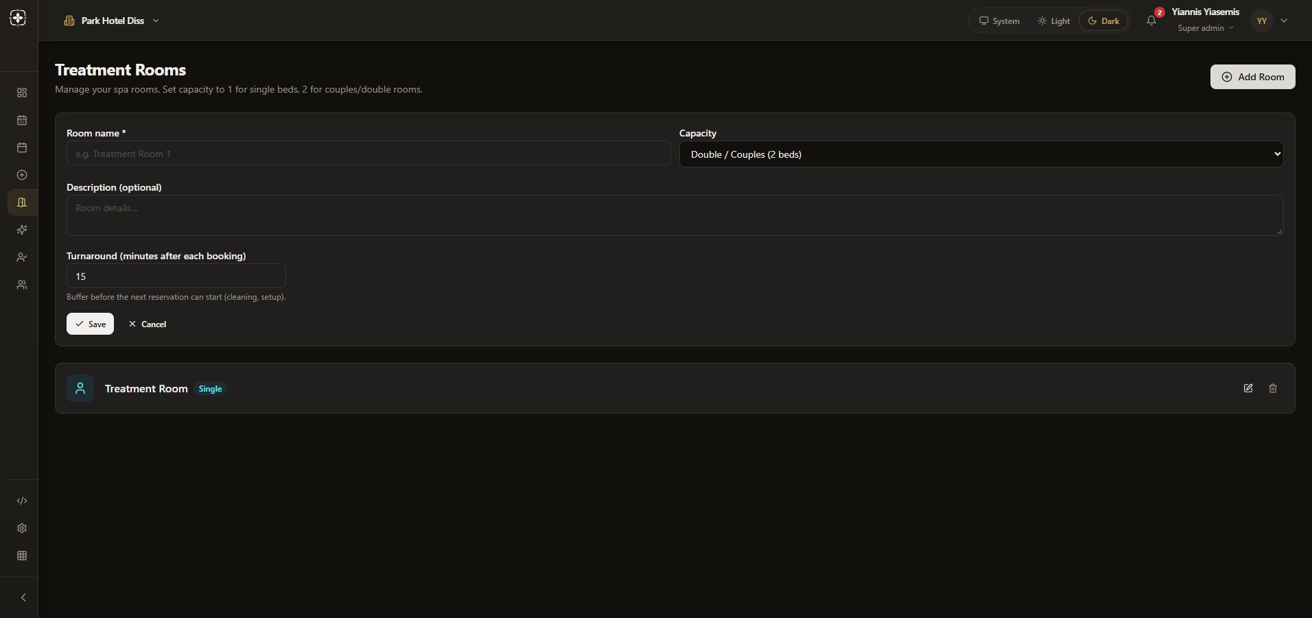 Unsaved dark-mode room form with Double / Couples capacity selected and a 15-minute turnaround.