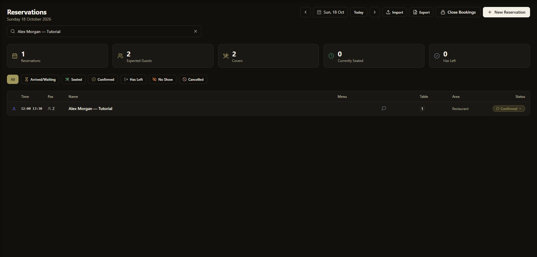 The saved tutorial reservation in the dark-theme list, showing the time, party size and assigned table.