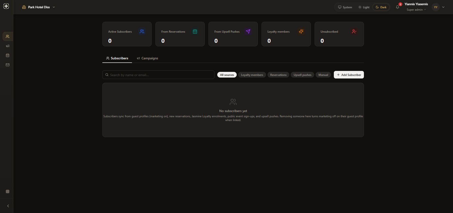 Dark-mode Marketing Hub Subscribers page for Park Hotel Diss with zero subscriber counts.