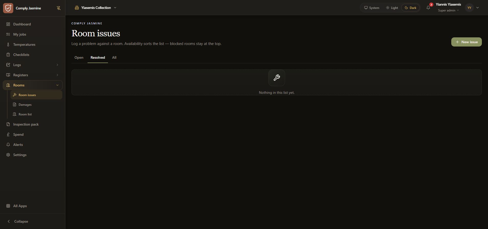 Dark-mode Room issues page with the empty Resolved list selected.