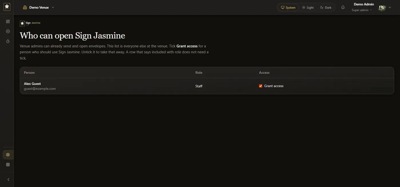 sign settings — existing dark-mode demo capture.